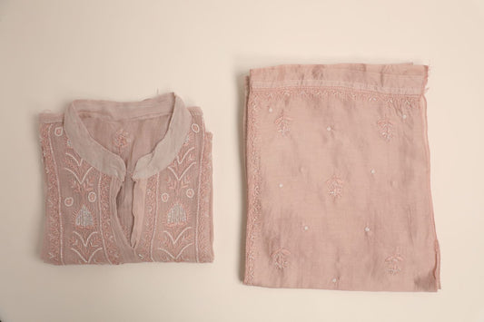 'Roseatte Whisper'  Mauve Pink Mul Chanderi Embellished Semi-Stitched Chikankari Co-ord Set