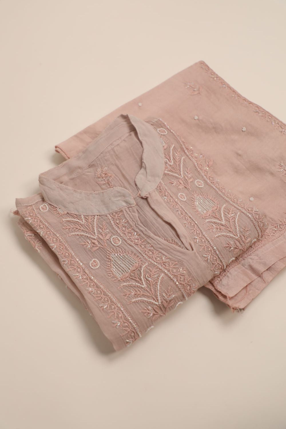 'Roseatte Whisper'  Mauve Pink Mul Chanderi Embellished Semi-Stitched Chikankari Co-ord Set