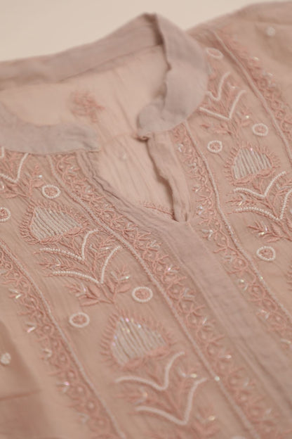 'Roseatte Whisper'  Mauve Pink Mul Chanderi Embellished Semi-Stitched Chikankari Co-ord Set