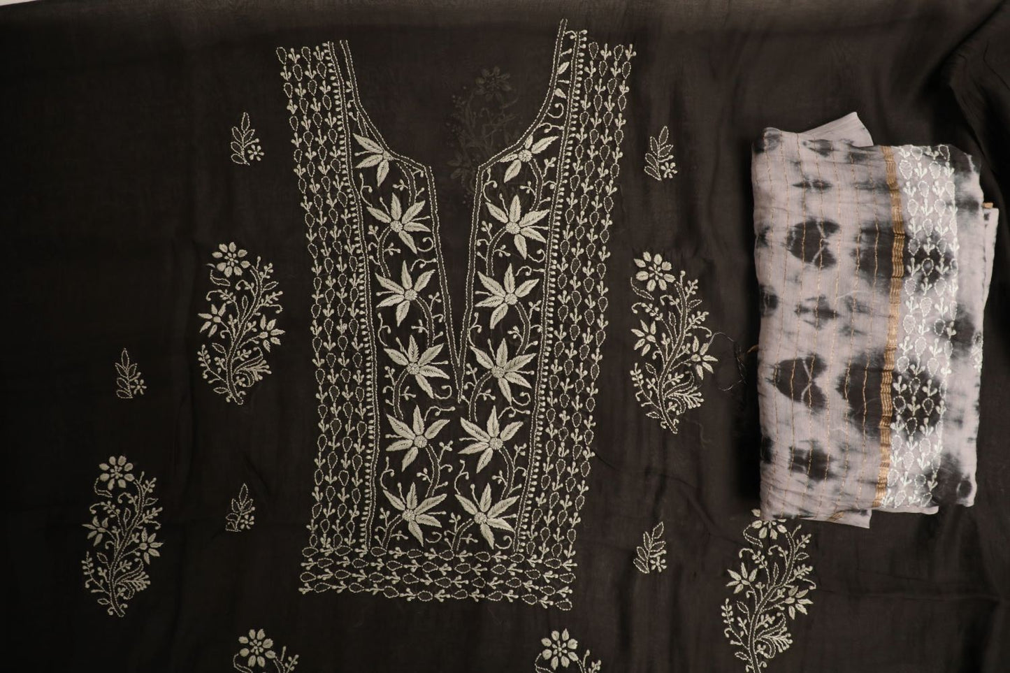 'Raat aur Din' Black Mul Chanderi Unstitched Chikankari Suit Set