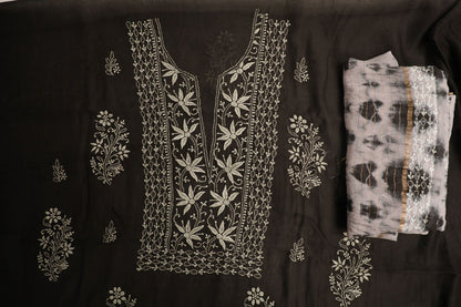 'Raat aur Din' Black Mul Chanderi Unstitched Chikankari Suit Set