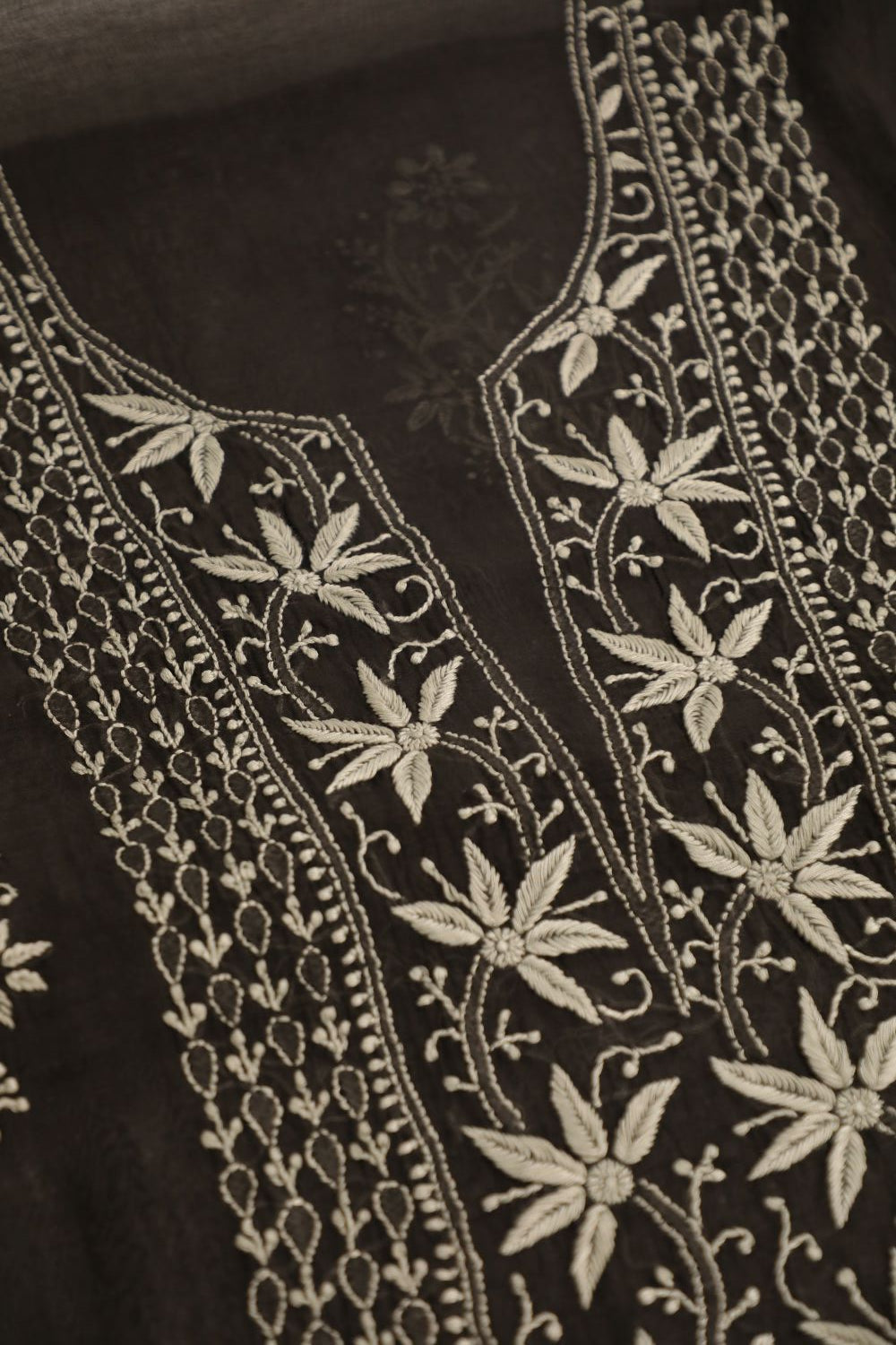 'Raat aur Din' Black Mul Chanderi Unstitched Chikankari Suit Set