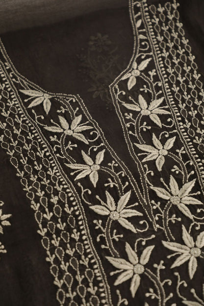 'Raat aur Din' Black Mul Chanderi Unstitched Chikankari Suit Set