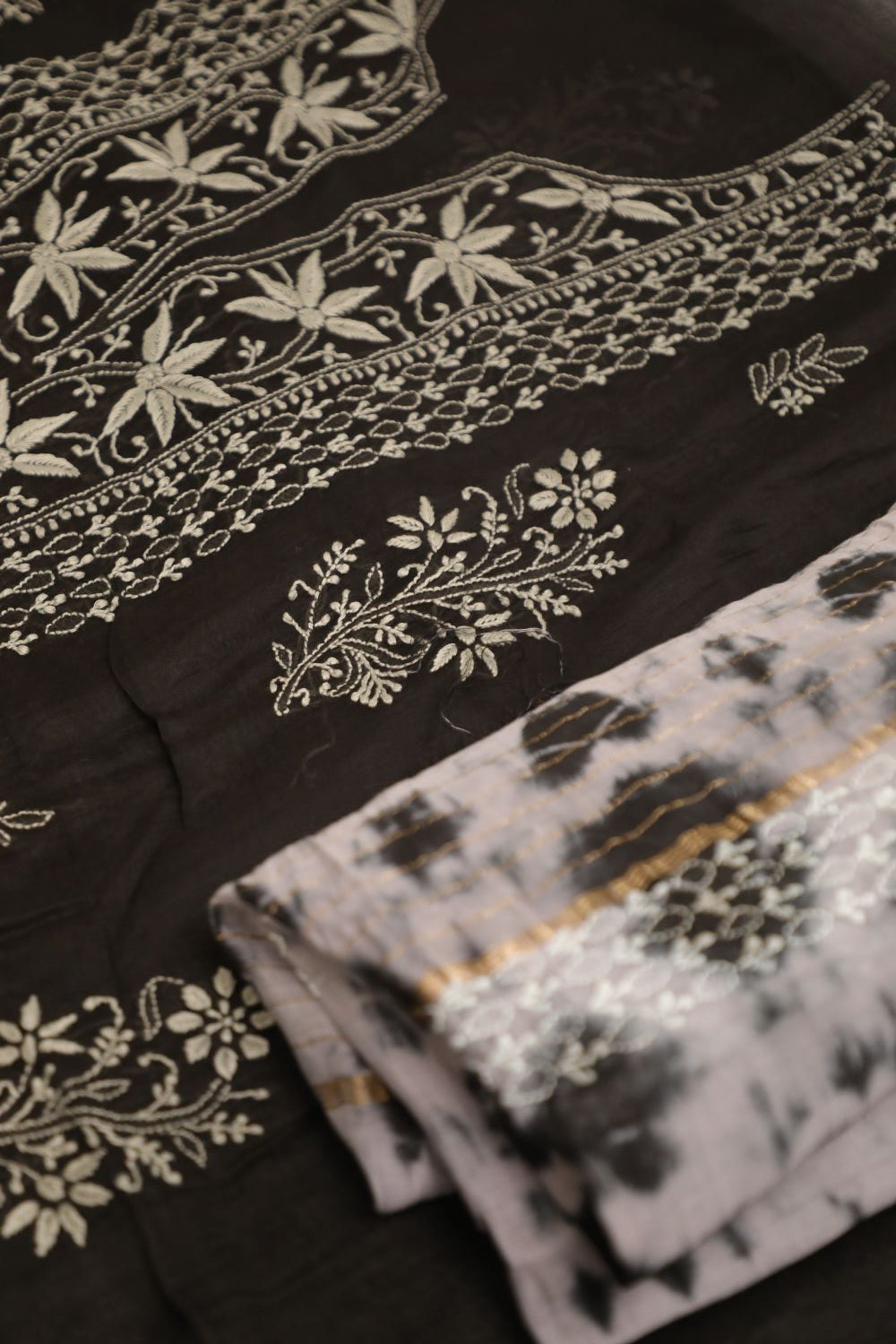 'Raat aur Din' Black Mul Chanderi Unstitched Chikankari Suit Set