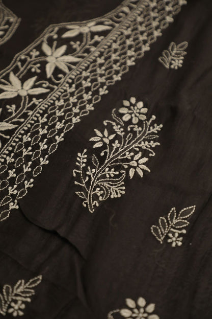 'Raat aur Din' Black Mul Chanderi Unstitched Chikankari Suit Set