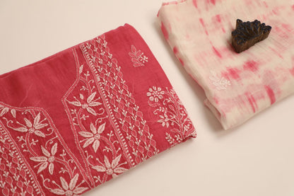 'Gulabi Bari' Ombre Pink Mul Chanderi Unstitched Chikankari Suit Set