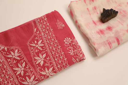 'Gulabi Bari' Ombre Pink Mul Chanderi Unstitched Chikankari Suit Set