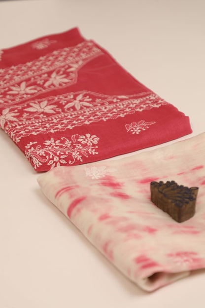 'Gulabi Bari' Ombre Pink Mul Chanderi Unstitched Chikankari Suit Set
