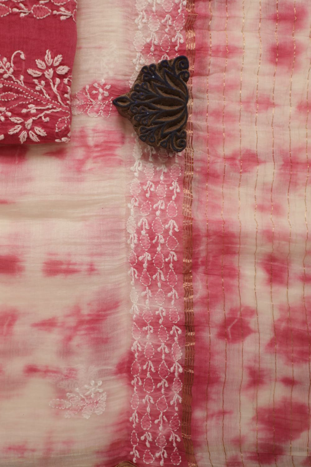 'Gulabi Bari' Ombre Pink Mul Chanderi Unstitched Chikankari Suit Set