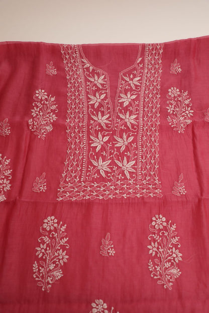 'Gulabi Bari' Ombre Pink Mul Chanderi Unstitched Chikankari Suit Set