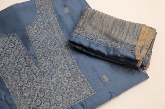 'Golden draped Midnight Sky' Navy Chanderi Unstitched Chikankari suit set
