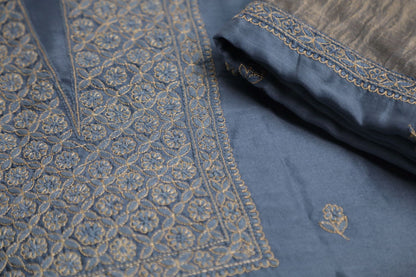 'Golden draped Midnight Sky' Navy Chanderi Unstitched Chikankari suit set