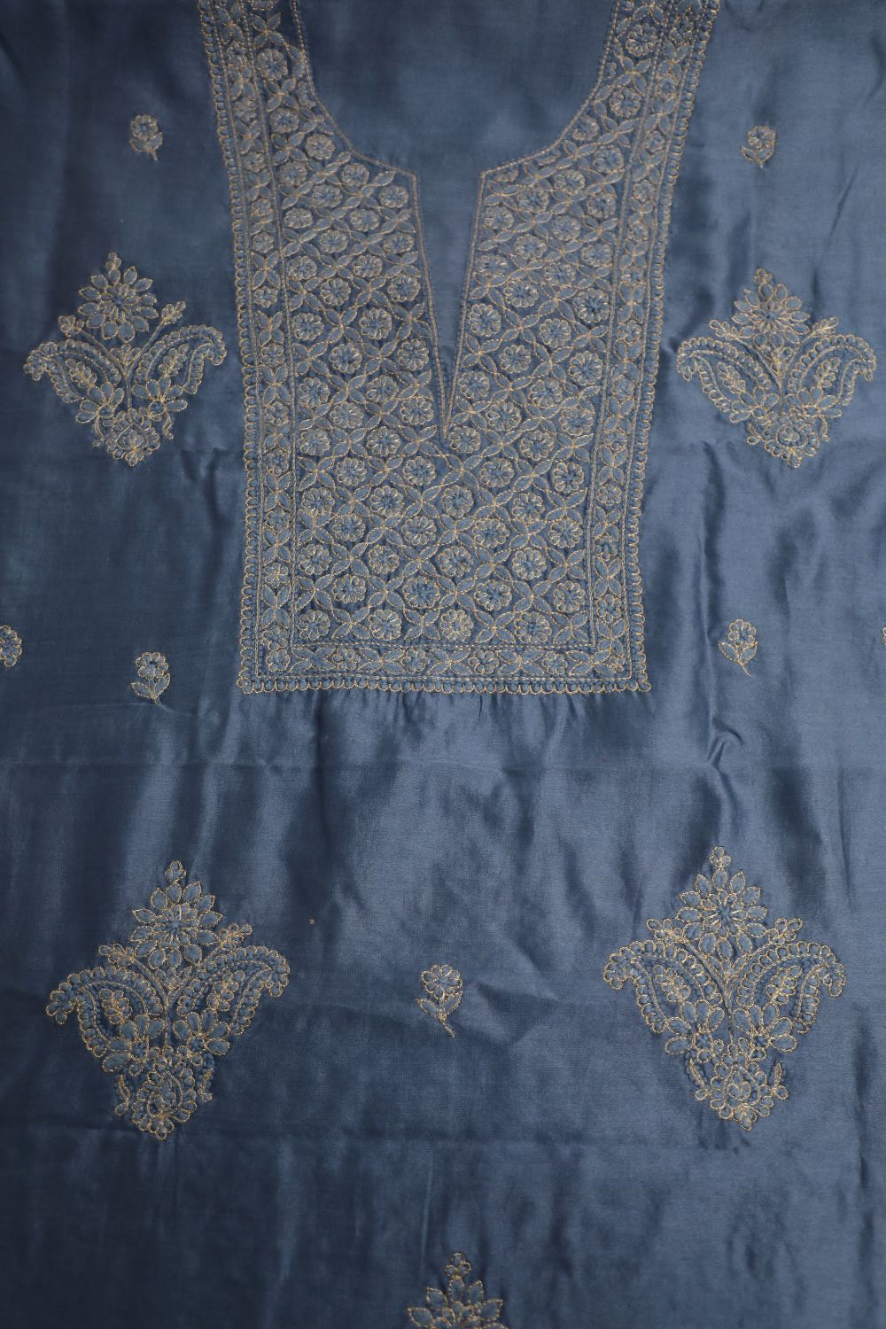 'Golden draped Midnight Sky' Navy Chanderi Unstitched Chikankari suit set