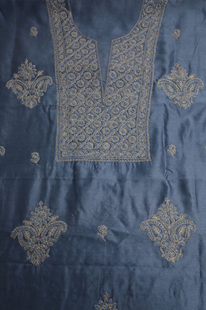 'Golden draped Midnight Sky' Navy Chanderi Unstitched Chikankari suit set