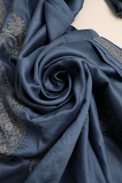 'Golden draped Midnight Sky' Navy Chanderi Unstitched Chikankari suit set