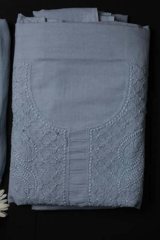 Light Grey Mul Cotton Unstitched Chikankari Suit set