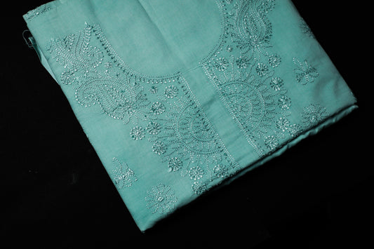 Ocean Green Mulmul Cotton Unstitched Chikankari Suit Set