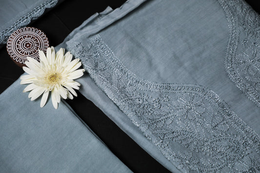 Grey Muslin Unstitched Chikankari Suit set