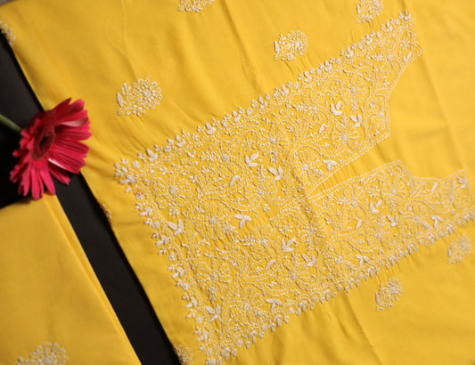 Cheerful Mul Yellow Cotton Unstitched Chikankari Kurta Pant Set