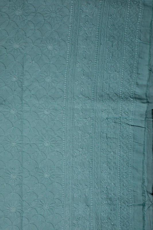 Teal Blue Mulmul Cotton Fine embroidery Unstitched Chikankari Kurta fabric