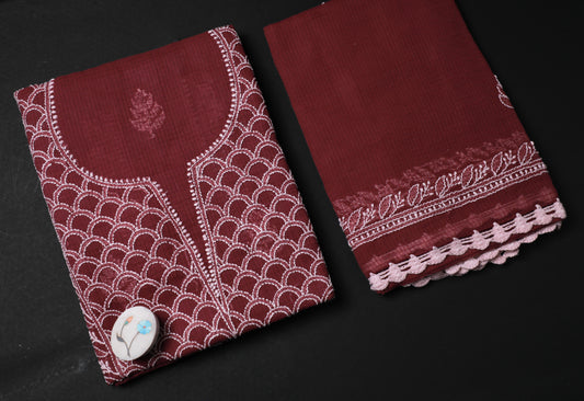 Maroon Kota Doria Cotton Unstitched Kurta-Dupatta set