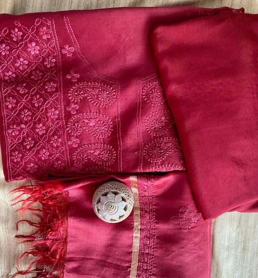 Deep Maroon Chanderi Unstitched Centre-Panel Chikankari Suit Set