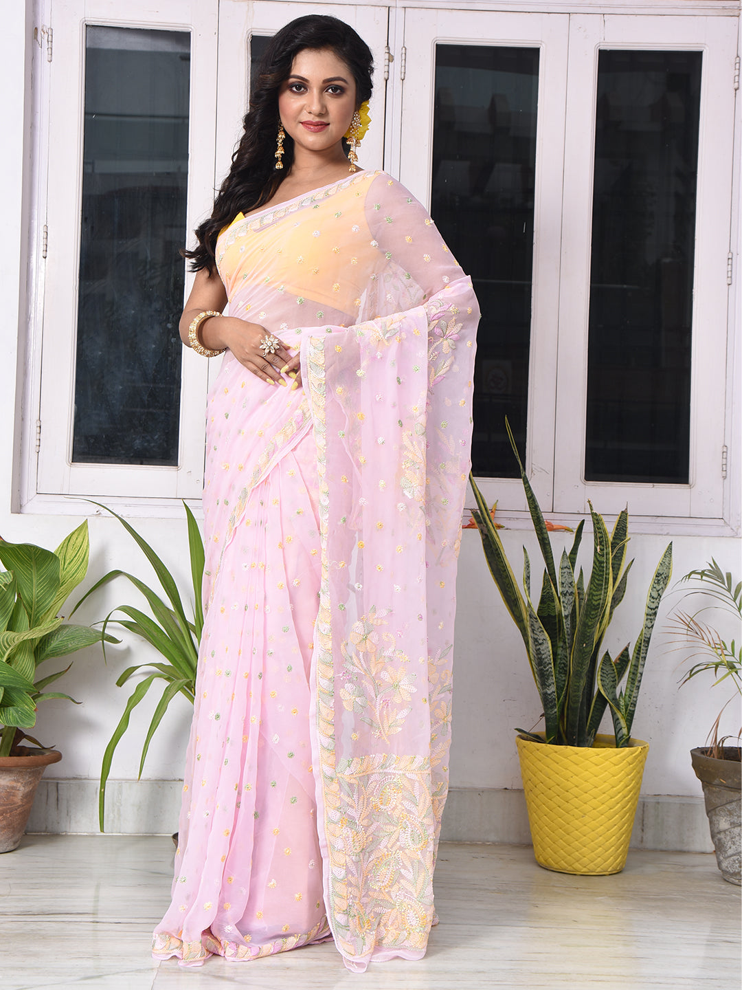 'Pink Rainbow' Georgette Chikankari Saree with multithread embroidery