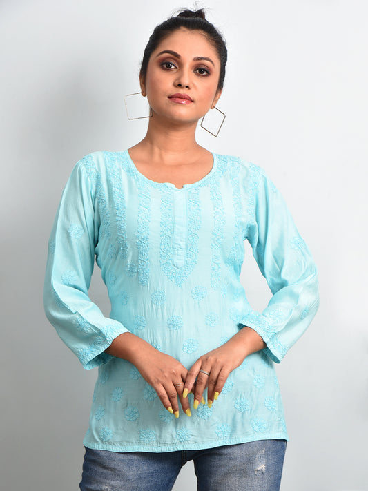 Soft Muslin 'Sparkling Blue' Chikankari Short Kurti