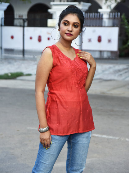 Chanderi Tomato Red Chikankari Short Kurti