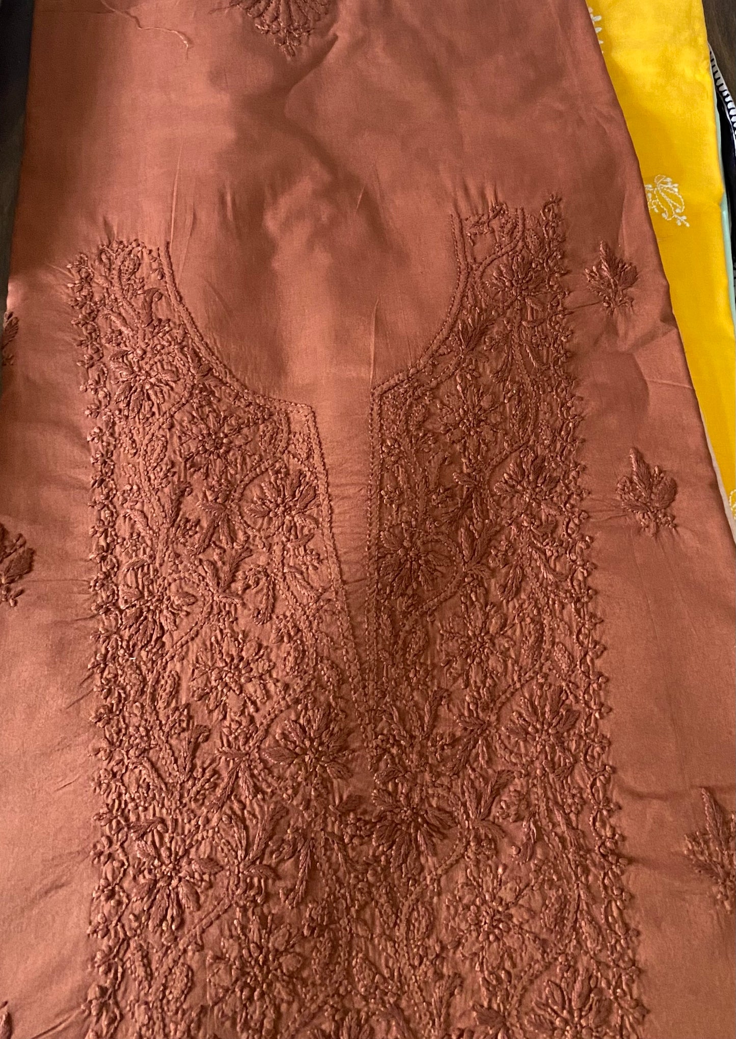 Copper Brown Mul Cotton Unstitched Chikankari Suit set