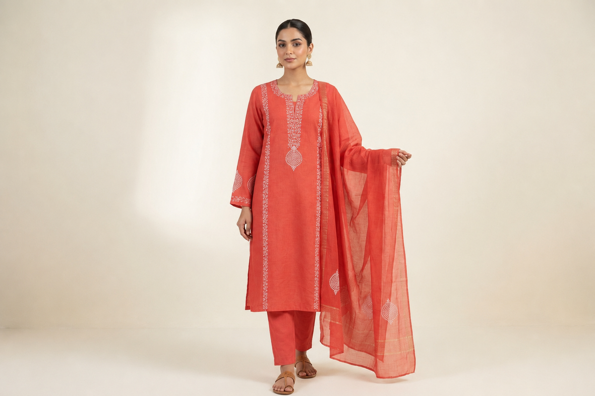 'Crimson Bloom' Mul Chanderi Chikankari Unstitched Set