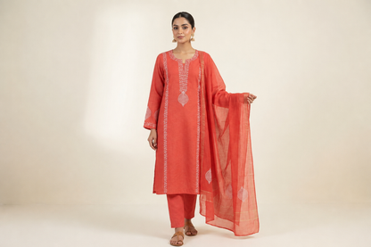 'Crimson Bloom' Mul Chanderi Chikankari Unstitched Set