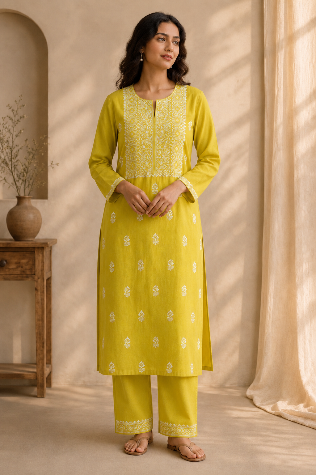 Golden Lemongrass Cotton Unstitched Chikankari Kurta Pant Set