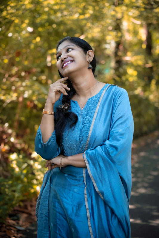 Peacock Blue Chanderi Unstitched Chikankari Suit Set