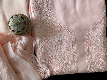 Peach Muslin Unstitched Chikankari Suit set
