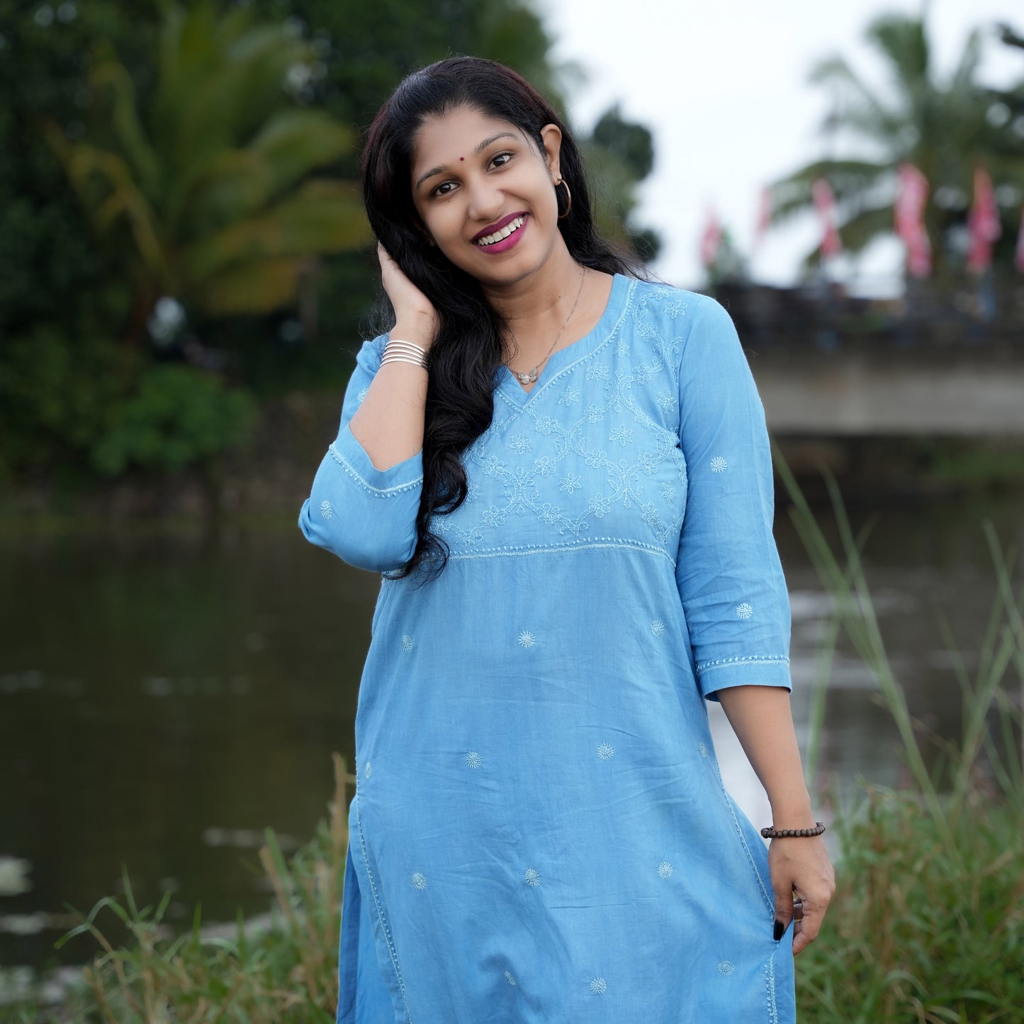 Elegant Blue Mul Cotton Chikankari Long Kurti