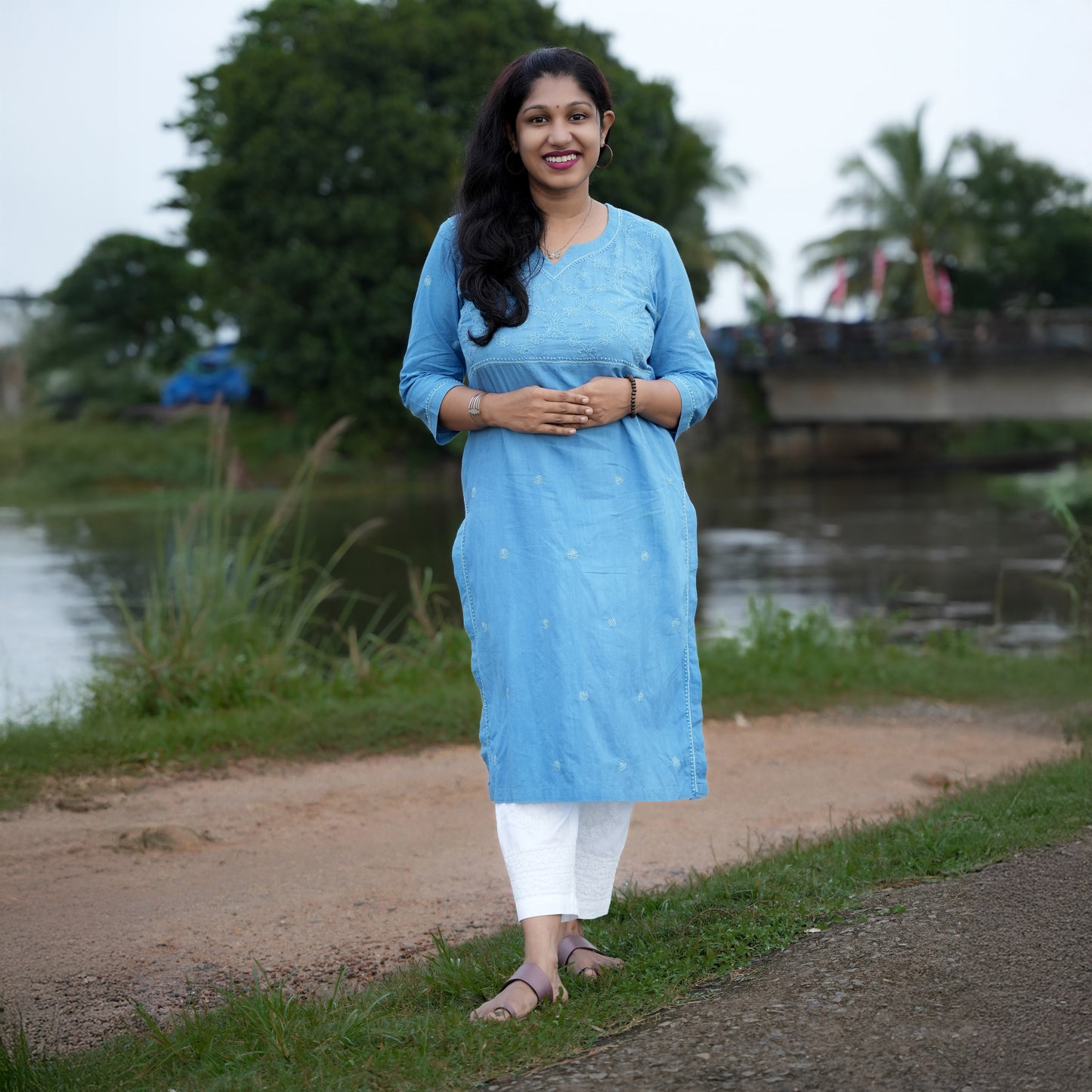 Elegant Blue Mul Cotton Chikankari Long Kurti