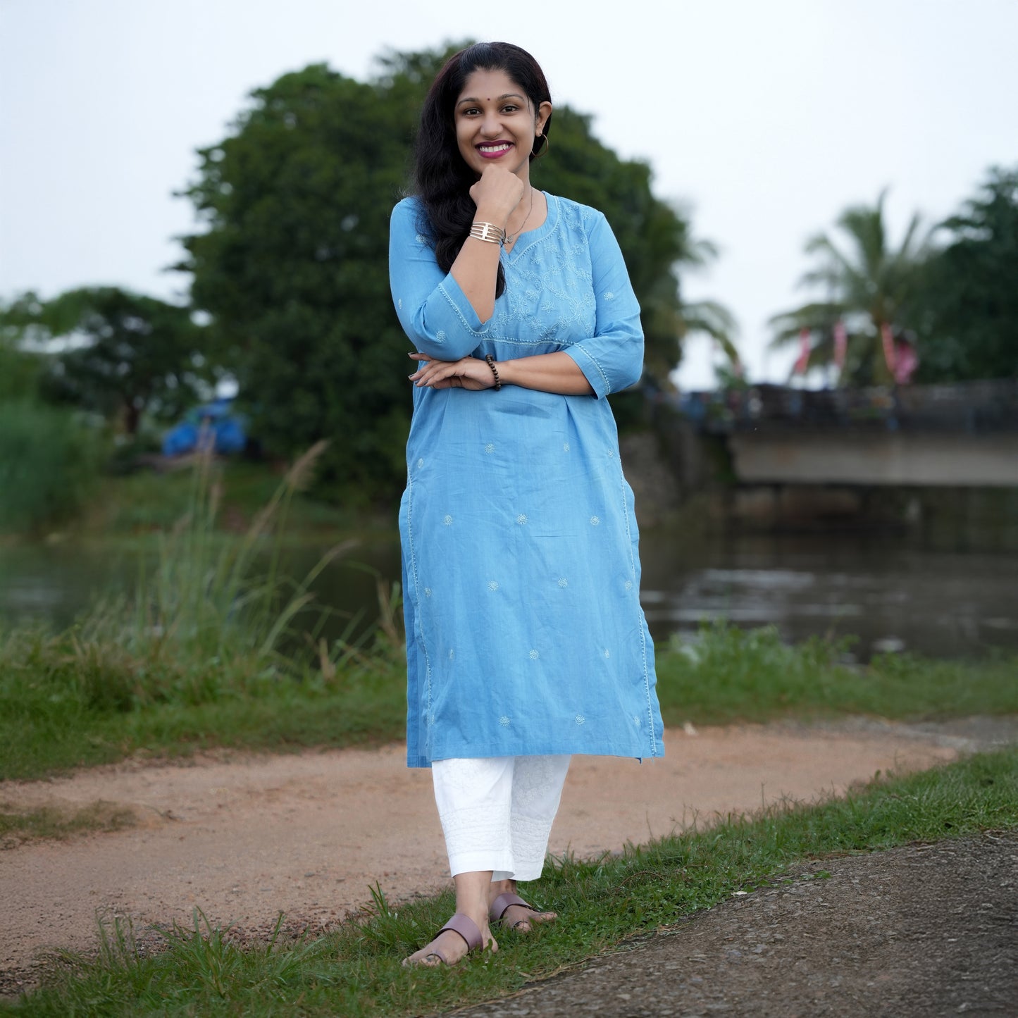 Elegant Blue Mul Cotton Chikankari Long Kurti