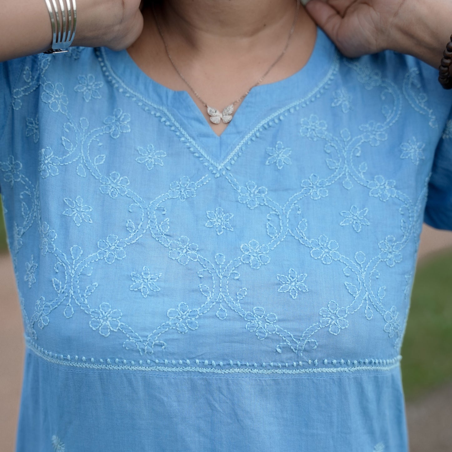 Elegant Blue Mul Cotton Chikankari Long Kurti