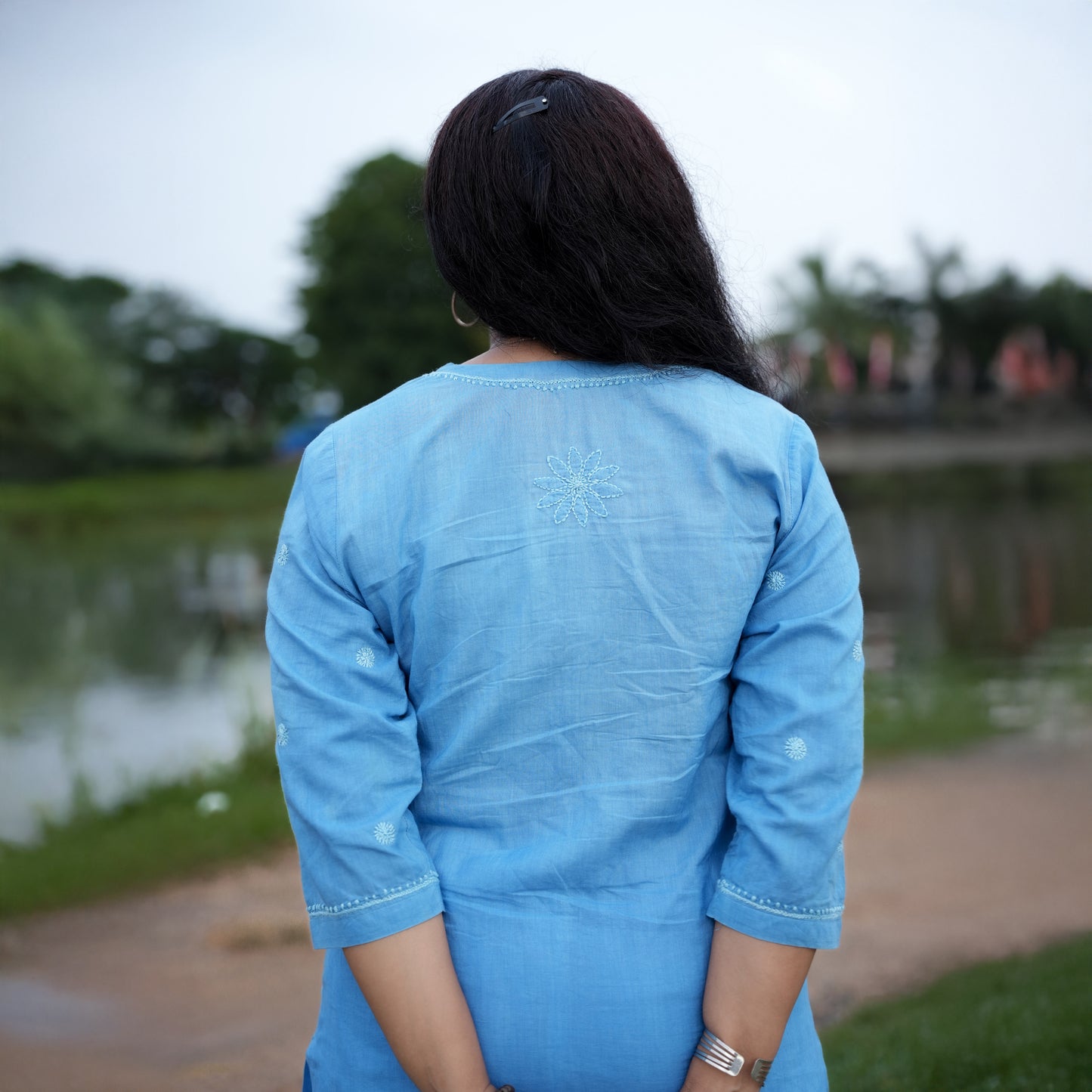Elegant Blue Mul Cotton Chikankari Long Kurti