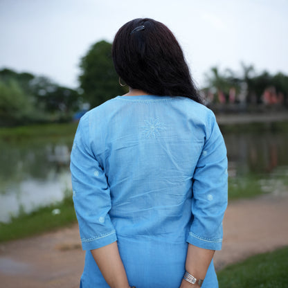 Elegant Blue Mul Cotton Chikankari Long Kurti