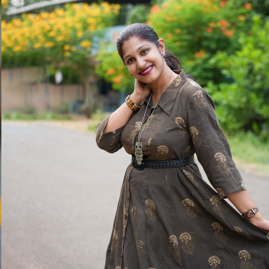 'Golden Marigolds' Cotton Brown Button Down Floor length dress