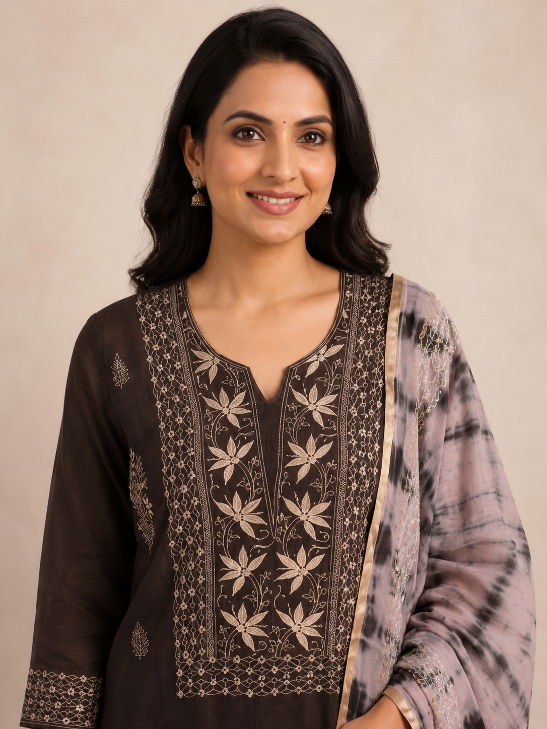 'Raat aur Din' Black Mul Chanderi Unstitched Chikankari Suit Set
