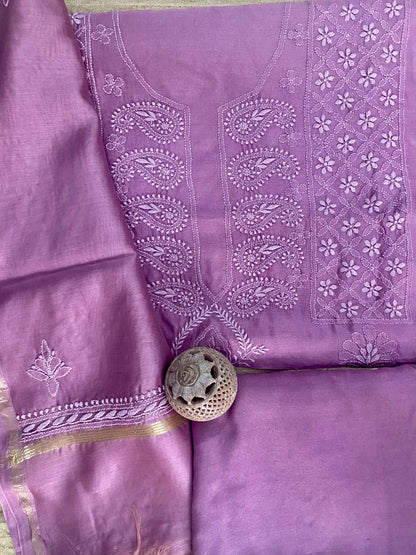 Lavender Chanderi Unstitched Centre-Panel Chikankari Suit Set