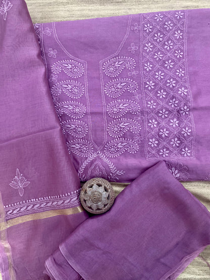 Lavender Chanderi Unstitched Centre-Panel Chikankari Suit Set