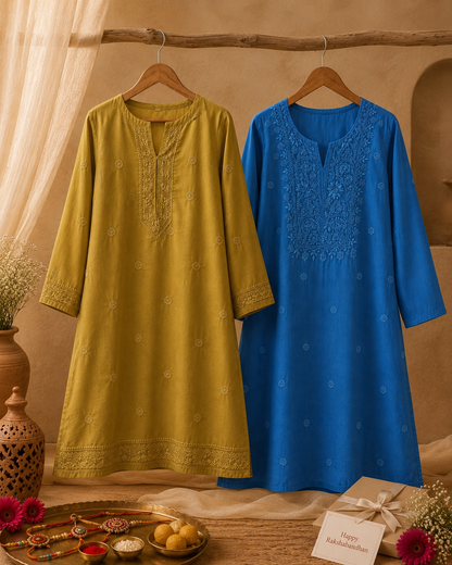 Umang - Set of 2 Chanderi Chikankari Kurta Material - Blue and Red