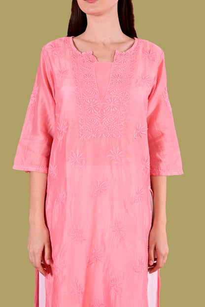 Pink Chanderi Chikankari Medium Length Kurti