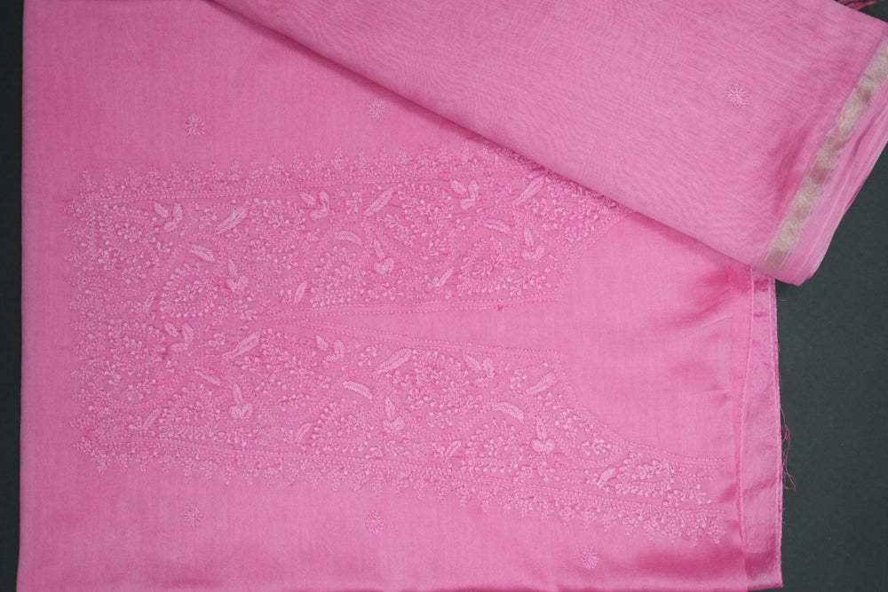 Soothing Pink Chanderi Unstitched Chikankari Suit Set