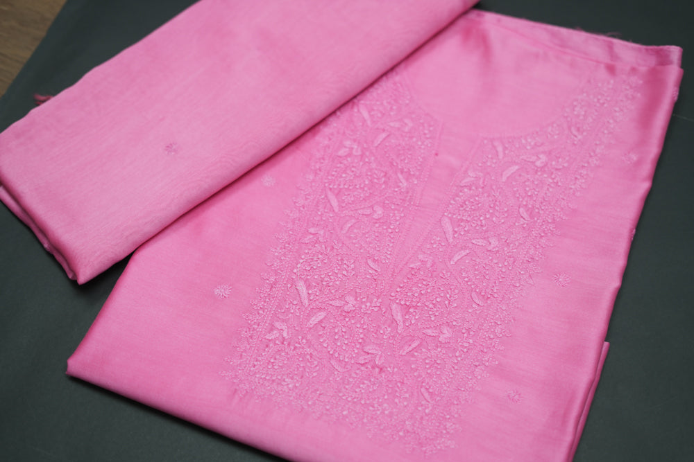 Soothing Pink Chanderi Unstitched Chikankari Suit Set