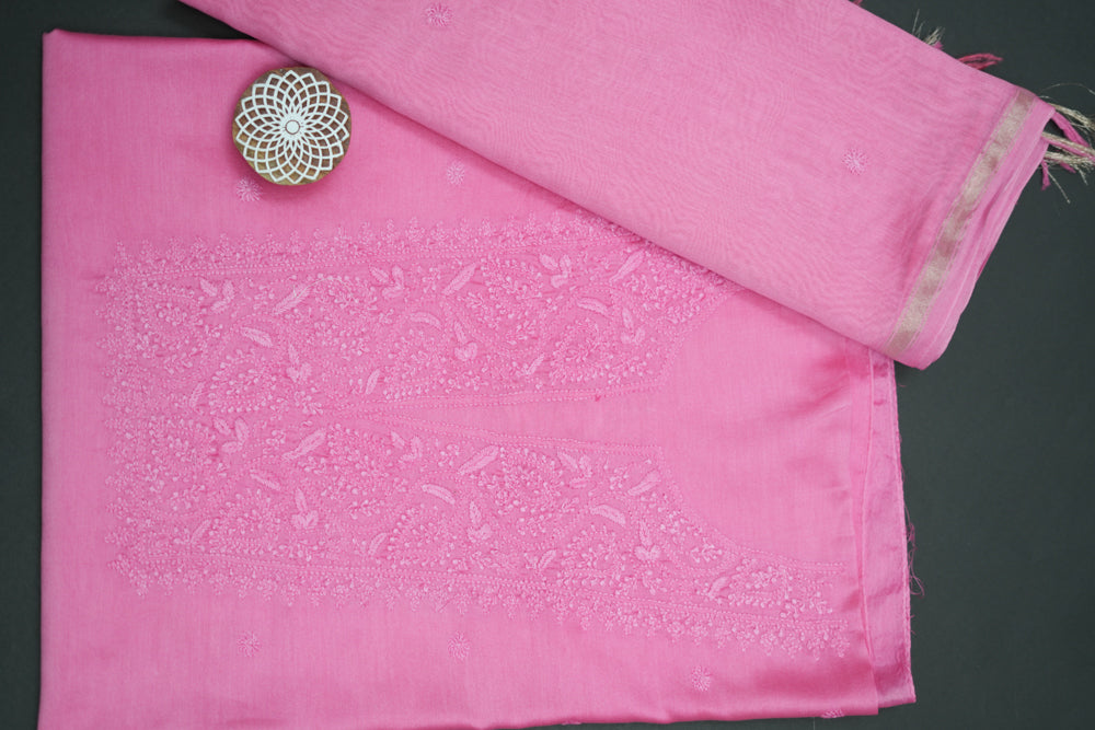 Soothing Pink Chanderi Unstitched Chikankari Suit Set